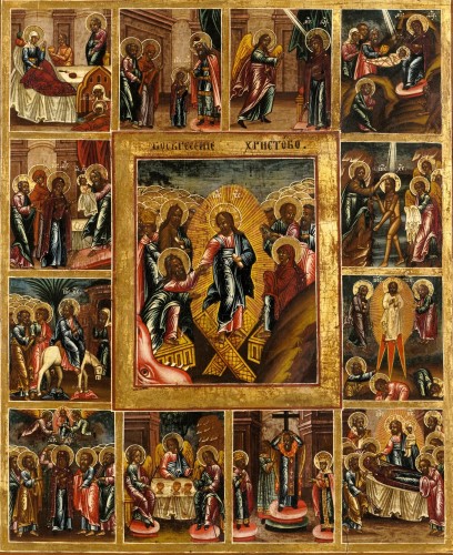 Grande Icône russe - "Les Douze Grandes Fêtes et la Descente aux Enfers" - Art sacré, objets religieux Style 